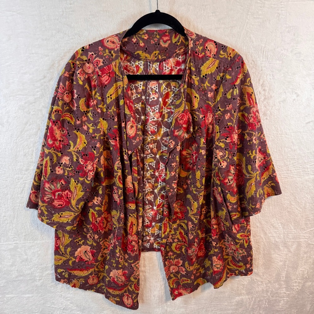 Floral Eyelet Lace Open Front Cardigan Boho 3/4 Sleeve Lightweight Layering Top